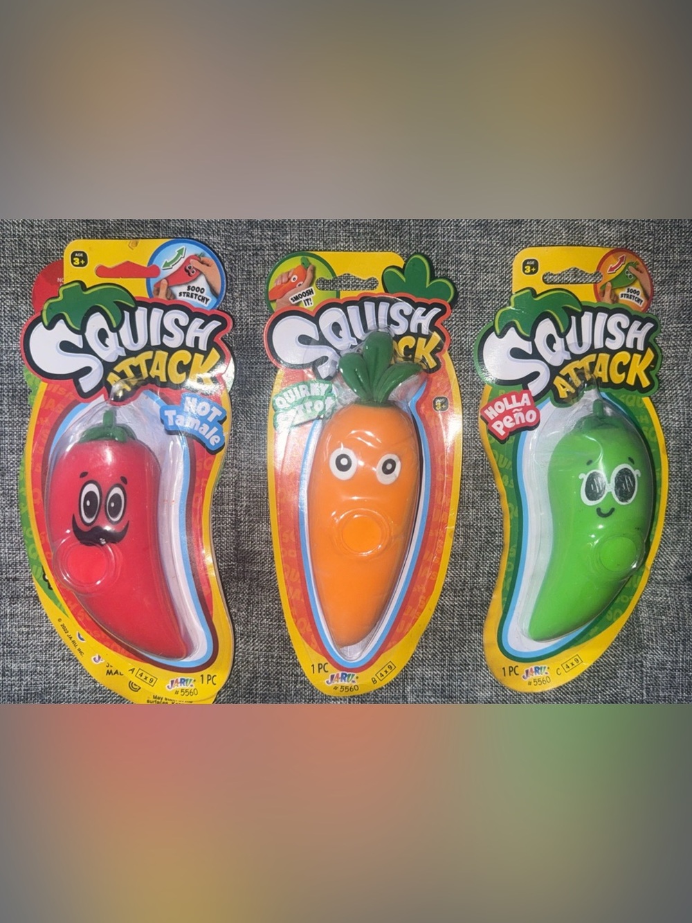 Squish Attack Squishy Toy Trio Set - Hot Tamale - Carrot - Jalepeno - BRAND NEW